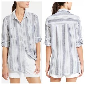 Athleta Navy Stripe Peninsula Linen Button Down Shirt XS